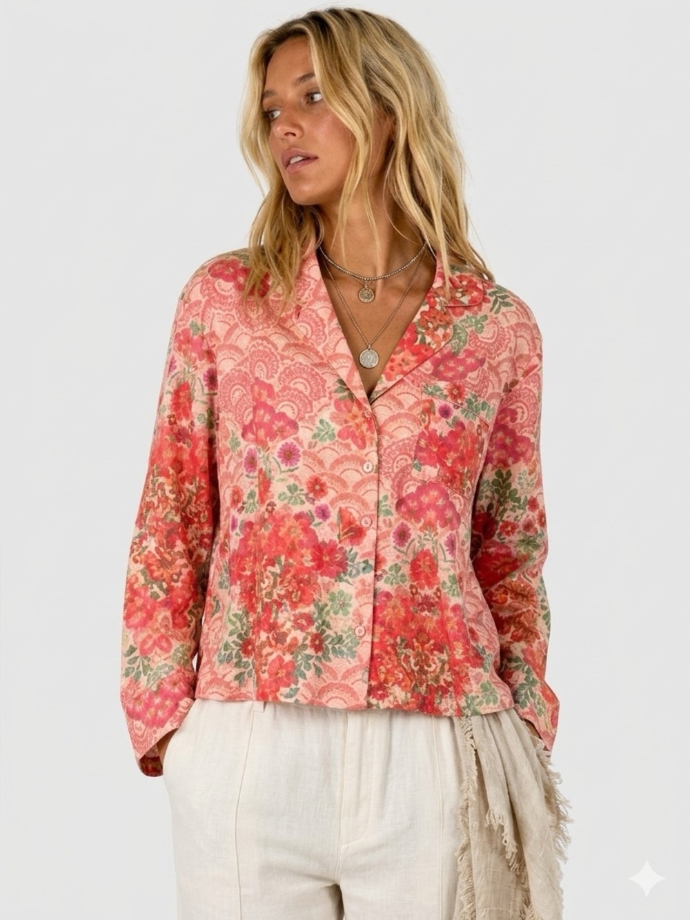Johnny Was Pink Floral Mariposa Printed Lounge Top Size S
